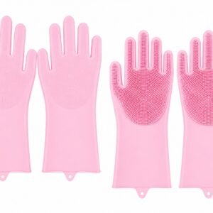 Silicone Dishwashing Gloves with Built-in Scrubber |  Non-Slip Cleaning Gloves for Dishwashing, Vegetables & Car Washing (1 Pair) Multicolor (KG-62)